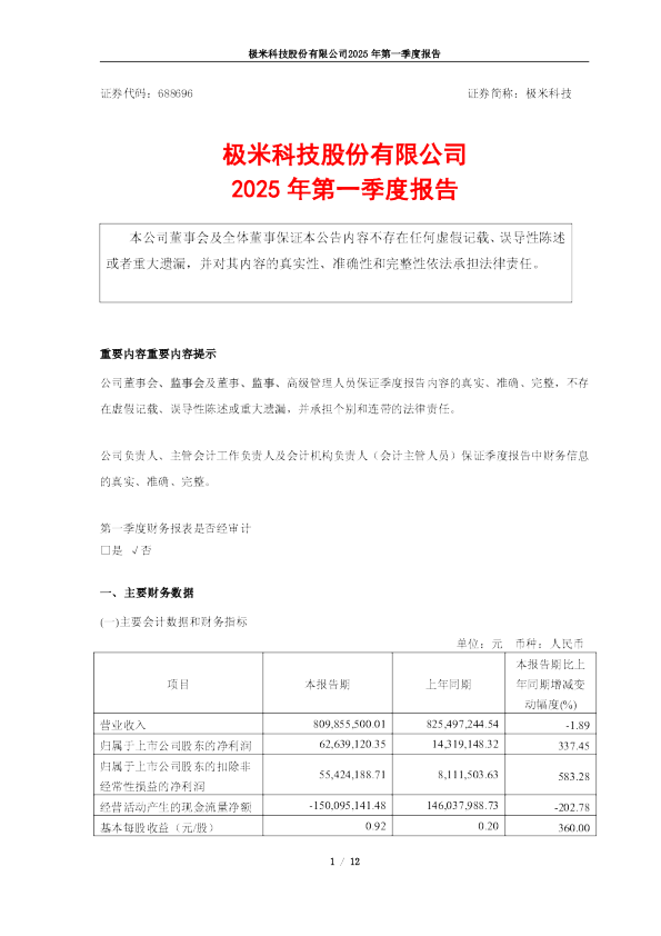 极米科技：2025年第一季度报告