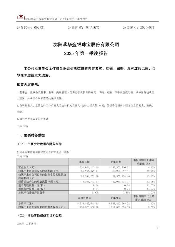 萃华珠宝：2025年一季度报告