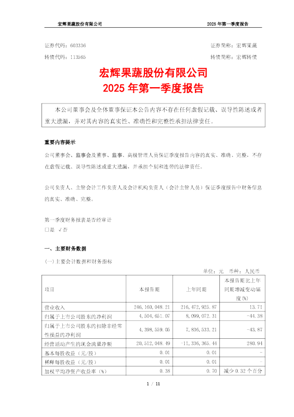 宏辉果蔬：2025年第一季度报告