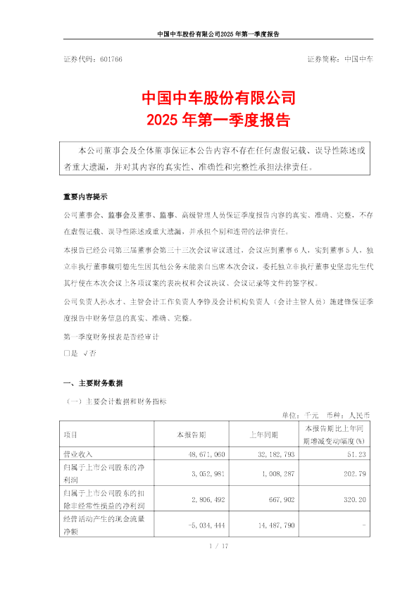 中国中车：中国中车2025年第一季度报告