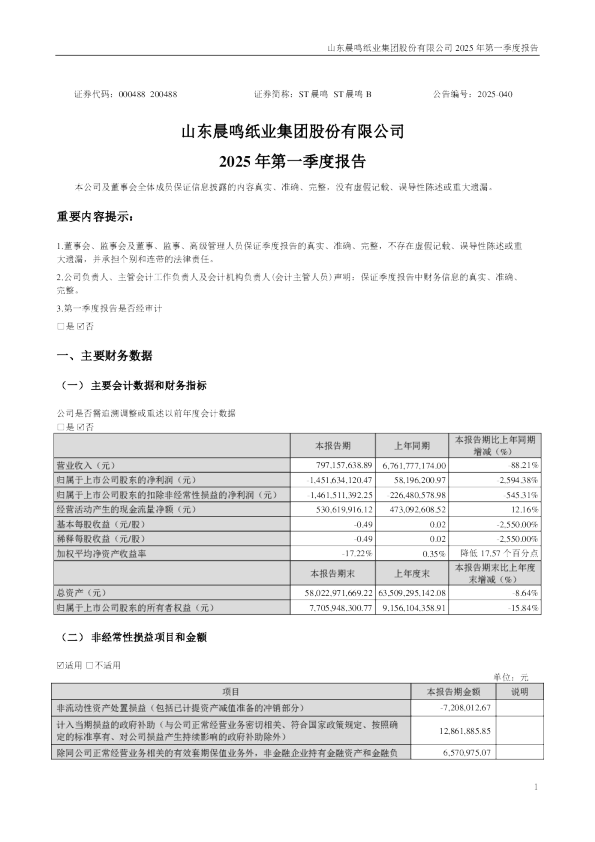 ST晨鸣：2025年一季度报告