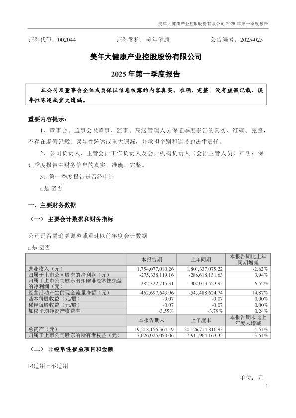 美年健康：2025年一季度报告