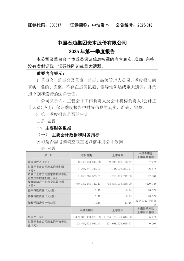 中油资本：2025年一季度报告