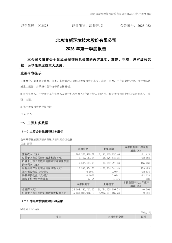 清新环境：2025年一季度报告