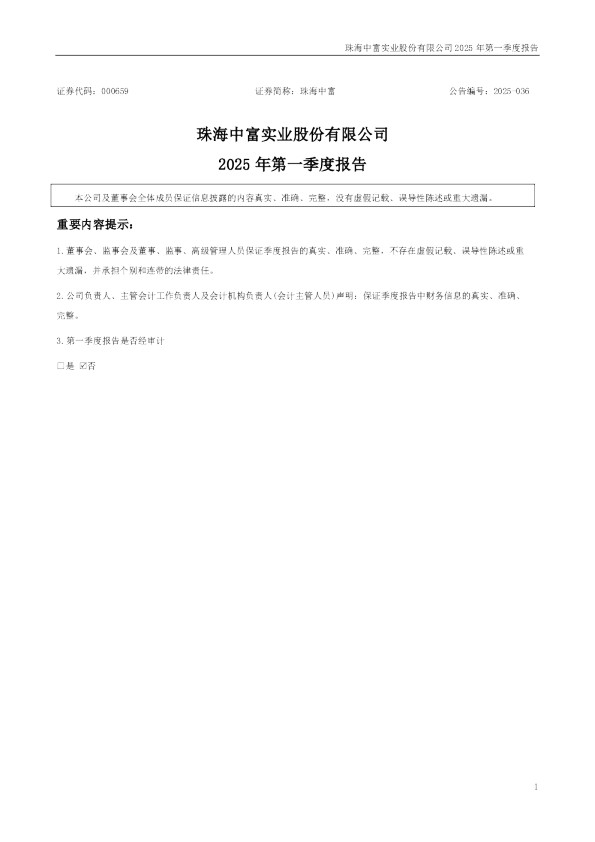 珠海中富:2025年一季度报告