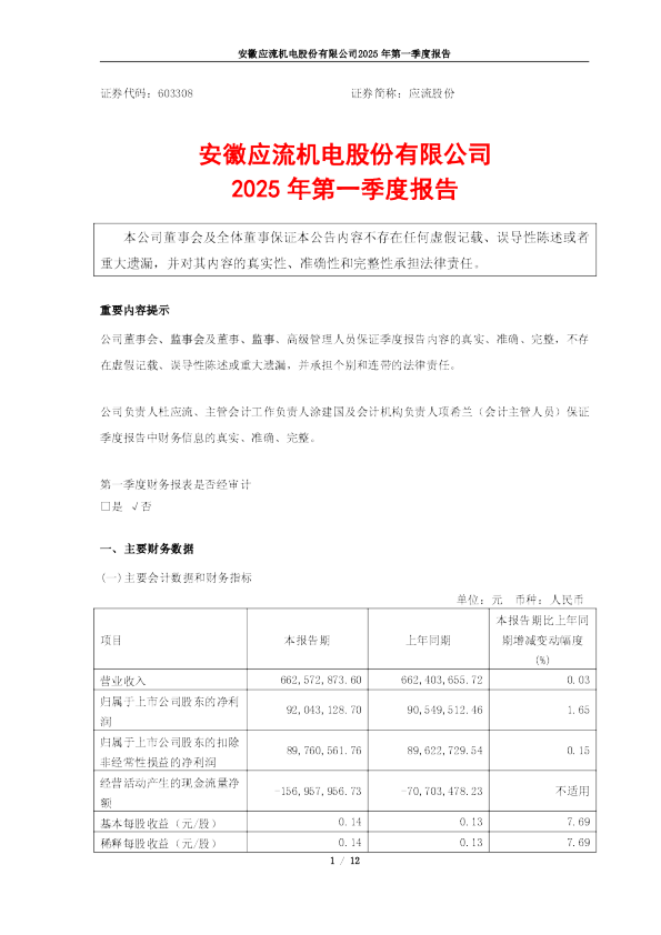 应流股份：应流股份2025年第一季度报告