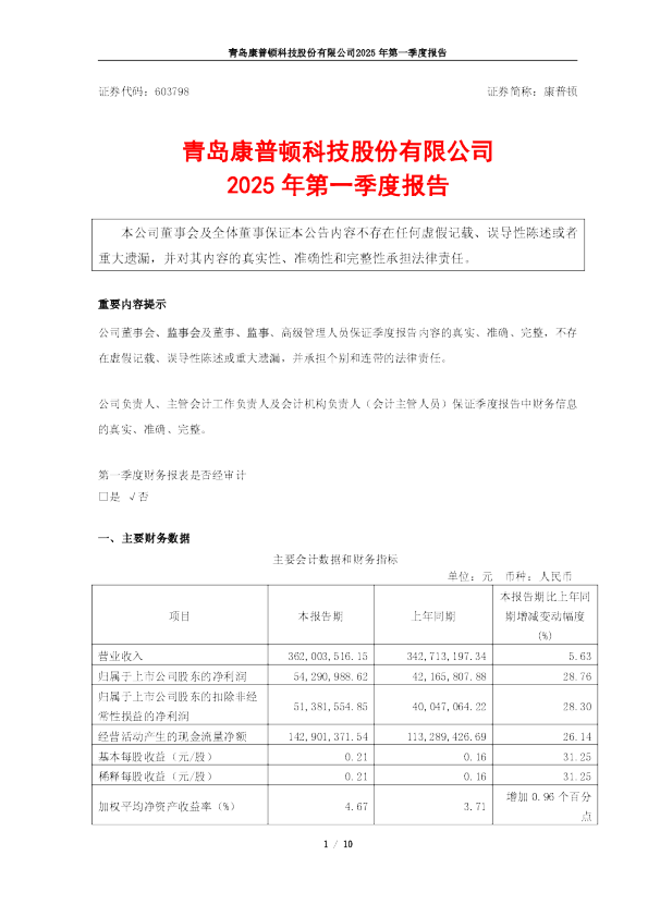 青岛康普顿科技股份有限公司2025年第一季度报告
