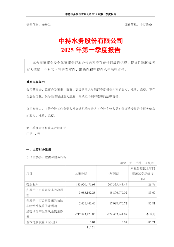 中持水务股份有限公司2025年一季度报告