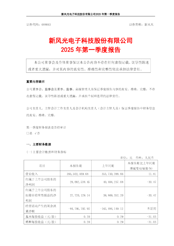新风光2025年第一季度报告