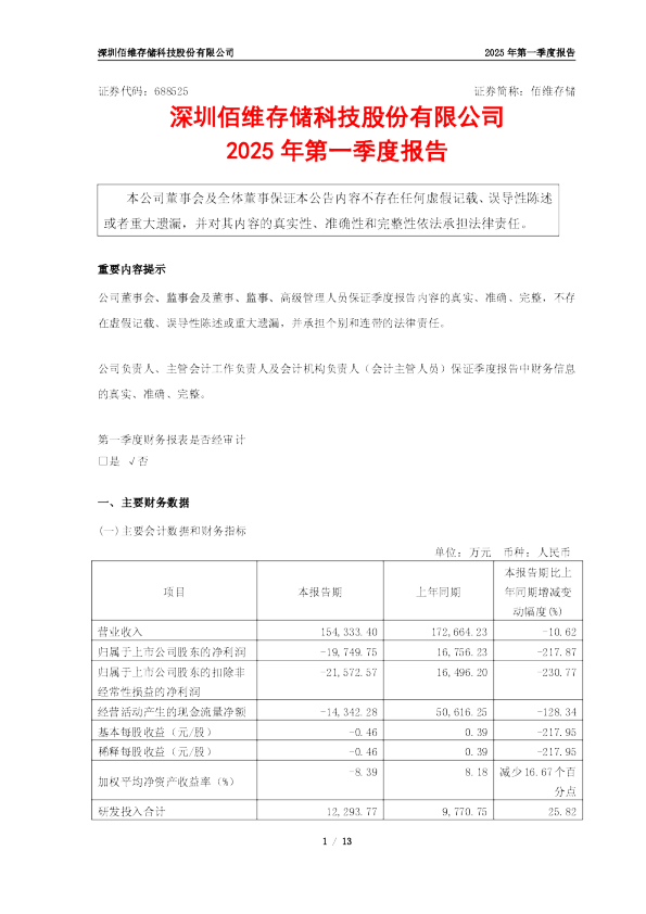 佰维存储：2025年第一季度报告