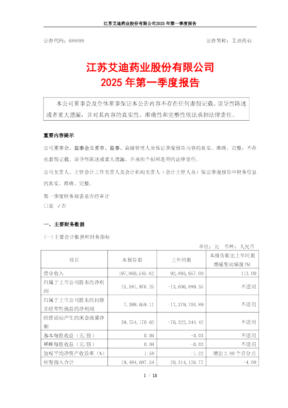 艾迪药业：艾迪药业2025年第一季度报告