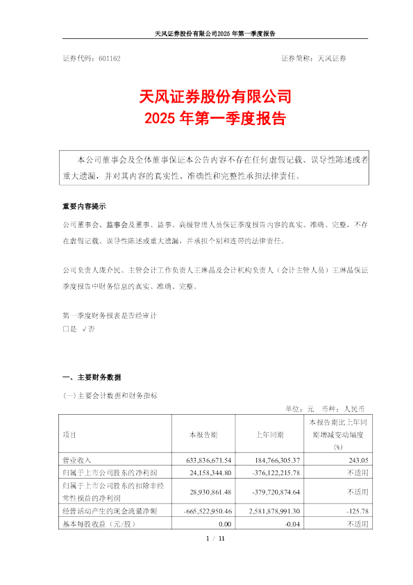 天风证券：天风证券股份有限公司2025年第一季度报告