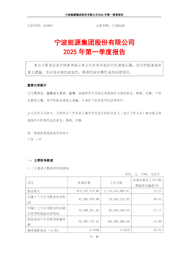 宁波能源：宁波能源2025年第一季度报告