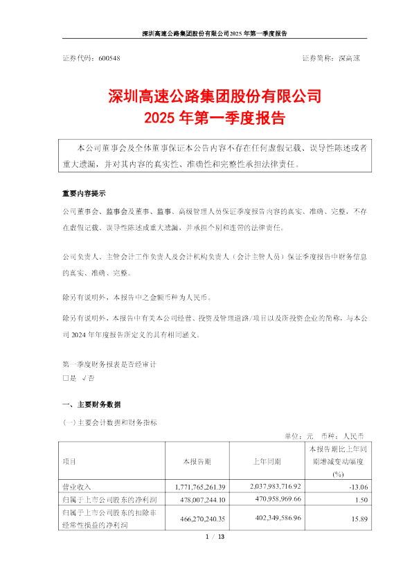 深高速:2025年第一季度报告