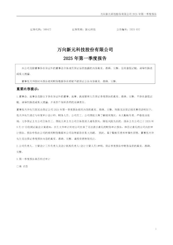 新元科技：2025年一季度报告