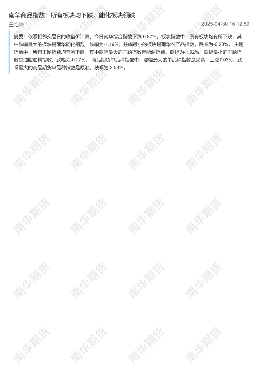 南华商品指数：所有板块均下跌，能化板块领跌