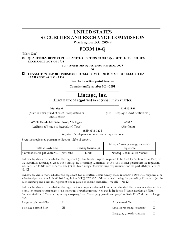 Lineage Inc 2025年季度报告