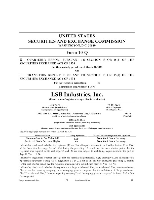 LSB Industries Inc 2025年季度报告