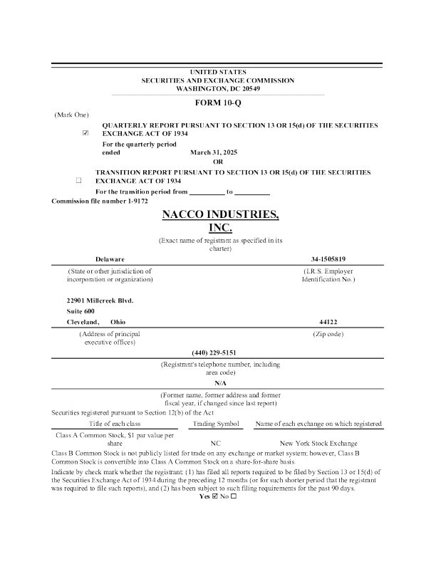 NACCO Industries Inc-A 2025年季度报告