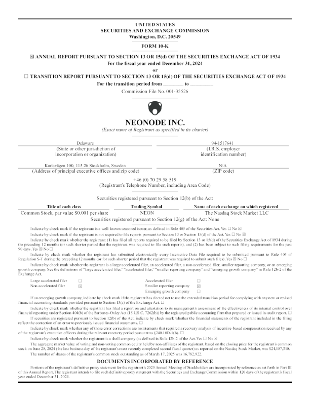 Neonode Inc 2024年度报告