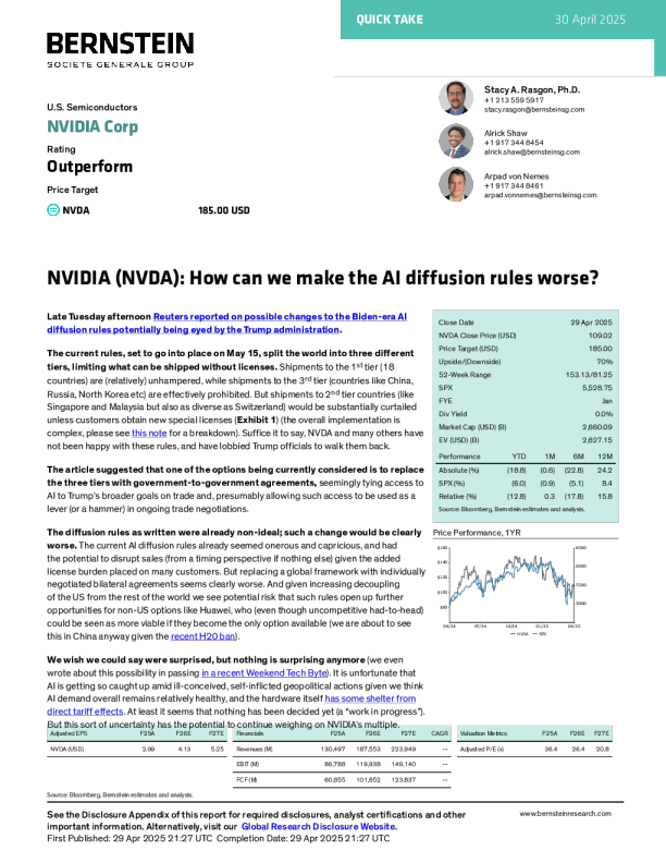 英伟达公司（NVDA）：英伟达（NVDA）我们如何让人工智能扩散规则变得更糟？