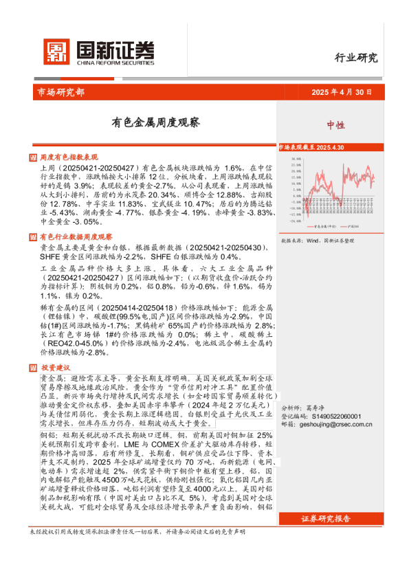 有色金属行业周度观察