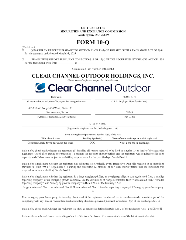 Clear Channel Outdoor Holdings Inc 2025年季度报告