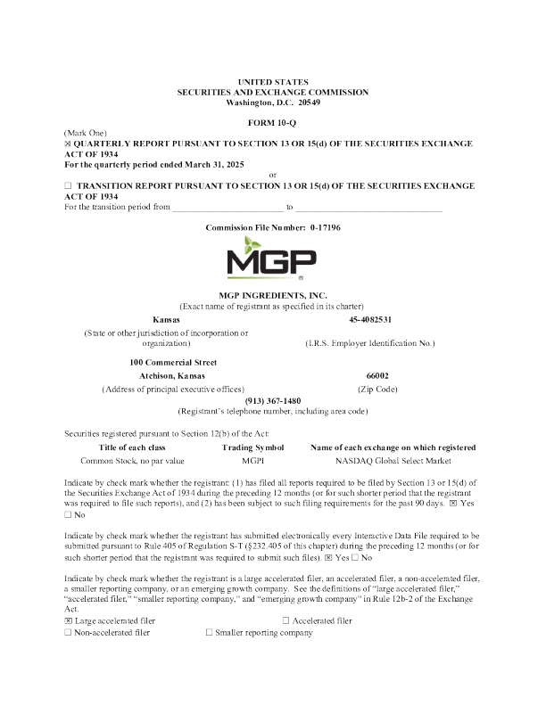 MGP Ingredients Inc 2025年季度报告