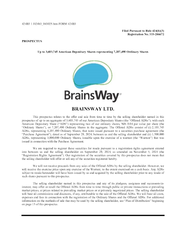 Brainsway Ltd ADR美股招股说明书(2025-05-01版)