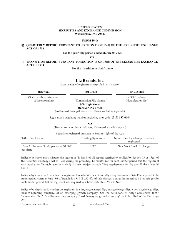 Utz Brands Inc-A 2025年季度报告