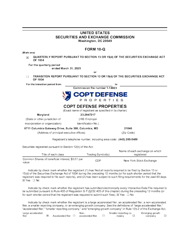 COPT Defense Properties 2025年季度报告
