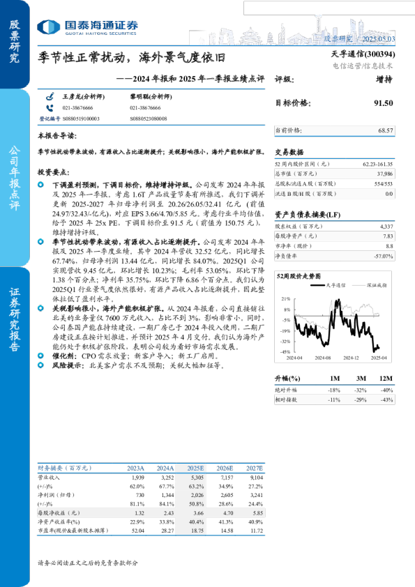 季节性正常扰动,海外景气度依旧-2024年报和2025年一季报业绩点评