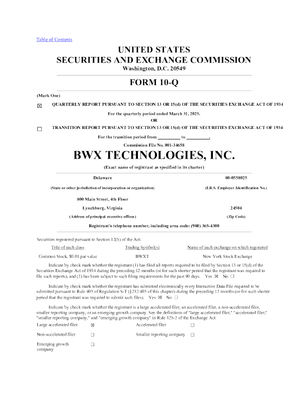 BWX Technologies Inc 2025年季度报告