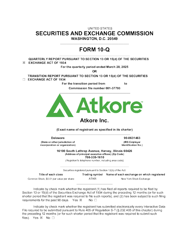 Atkore Inc 2025年季度报告