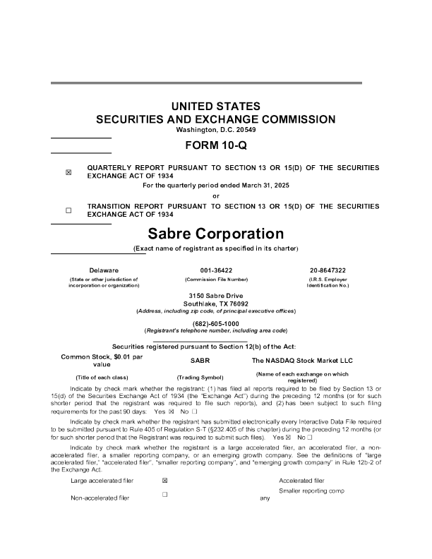 Sabre Corp 2025年季度报告