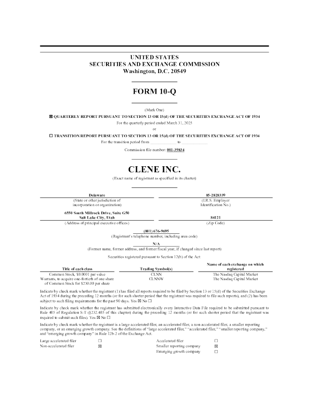Clene Inc 2025年季度报告