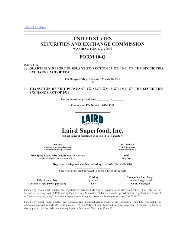 Laird Superfood Inc 2025年季度报告