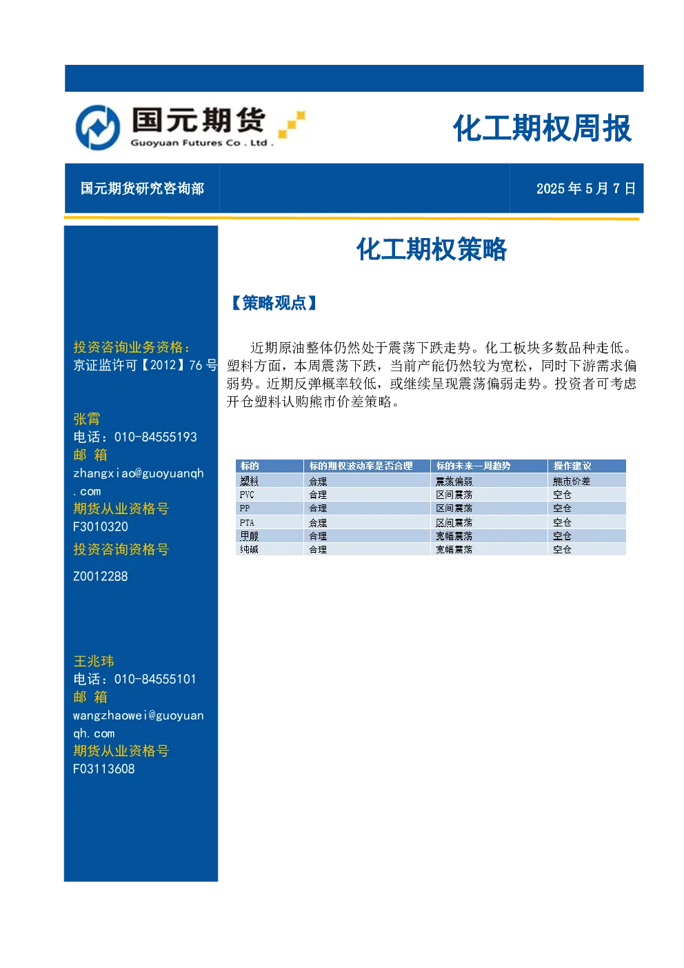 化工期权周报：化工期权策略