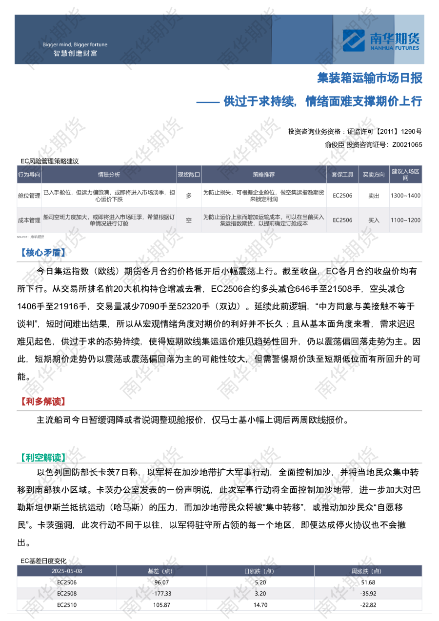 南华集运日报：供过于求持续，情绪面难支撑期价上行