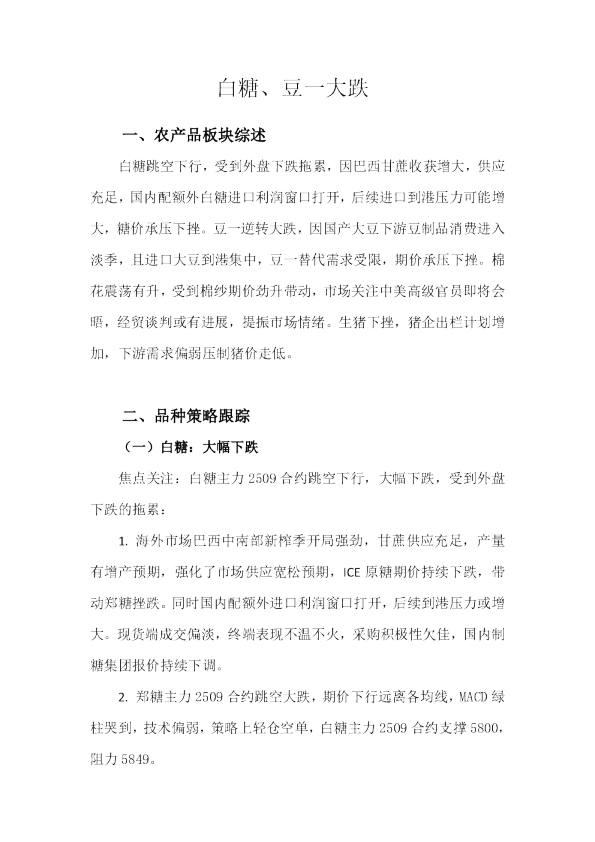 白糖、豆一大跌