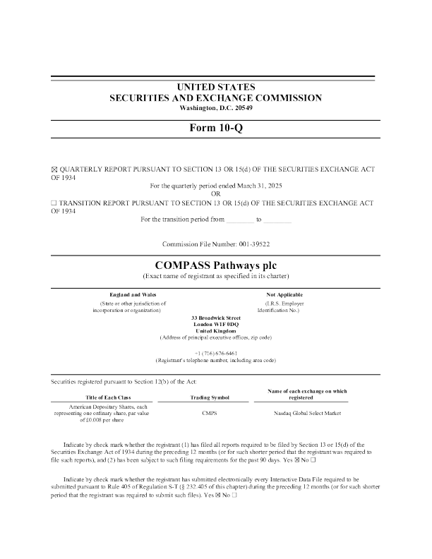 COMPASS Pathways plc ADR 2025年季度报告
