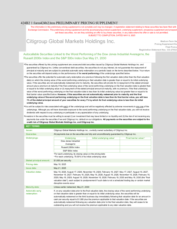 花旗集团美股招股说明书(2025-05-08版)