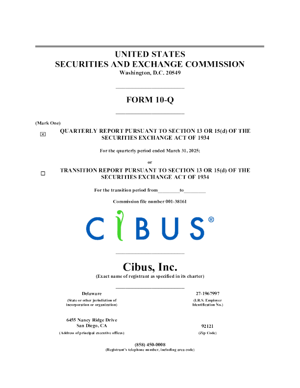 Cibus Inc 2025年季度报告