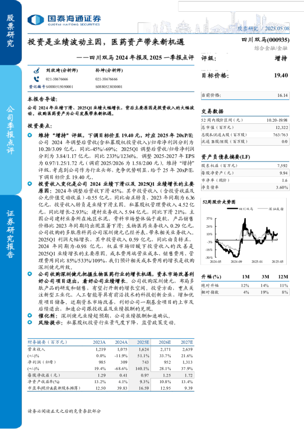 投资是业绩波动主因,医药资产带来新机遇-2024年报及2025一季报点评
