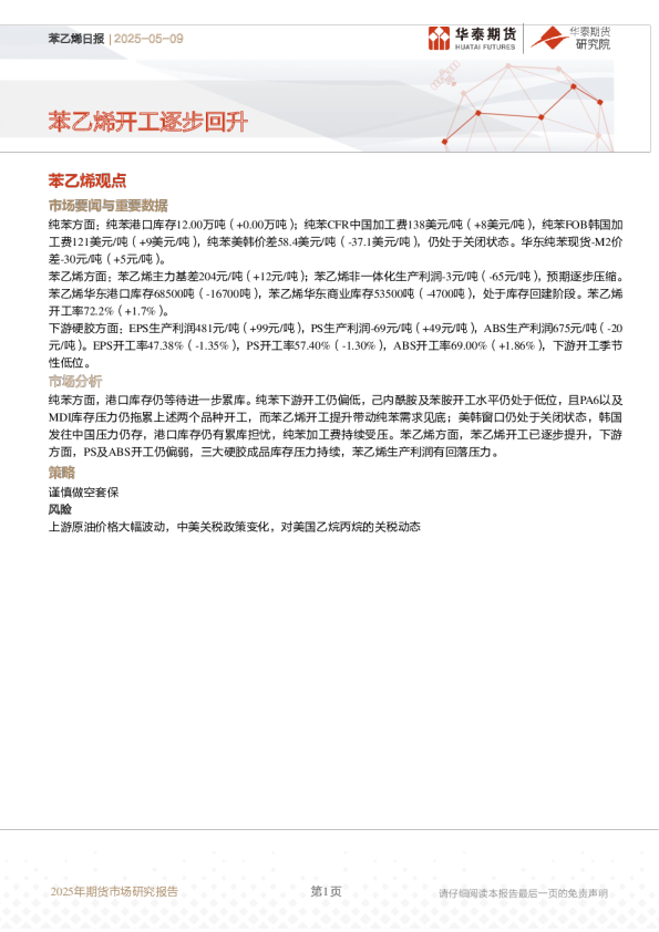 苯乙烯日报：苯乙烯开工逐步回升