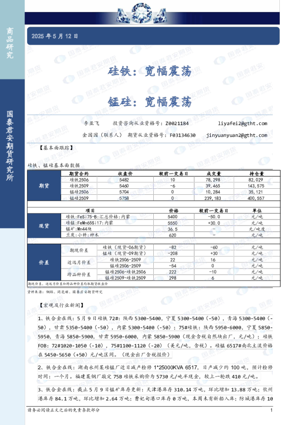 硅铁：宽幅震荡 锰硅：宽幅震荡