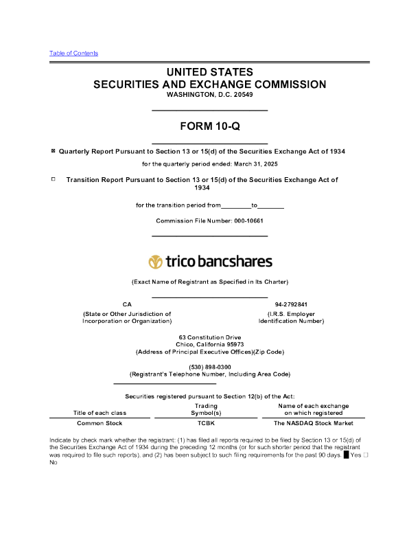 TriCo Bancshares 2025年季度报告