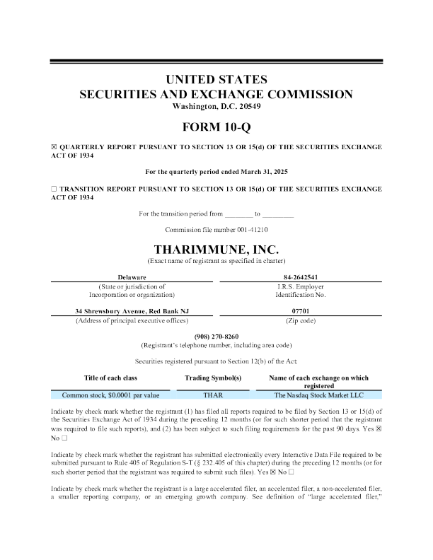 Tharimmune Inc 2025年季度报告
