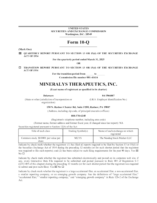 Mineralys Therapeutics Inc 2025年季度报告
