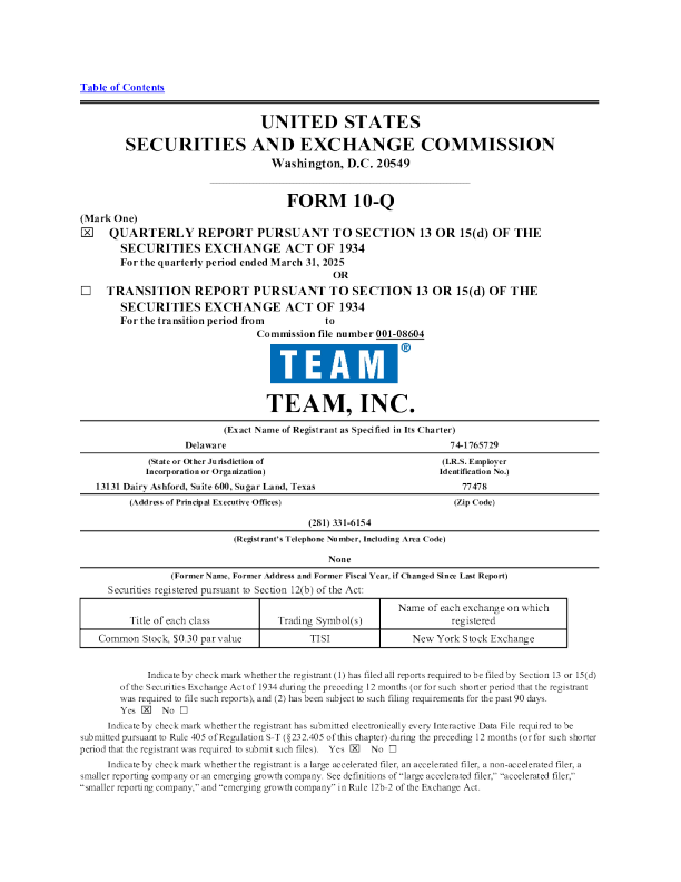 Team Inc 2025年季度报告